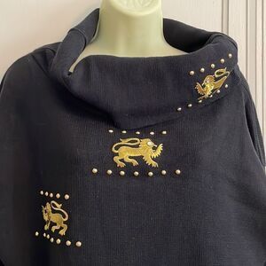 Vtg 80s Gepetto black cotton cowl‎ neck sweater with gold embroidered griffins